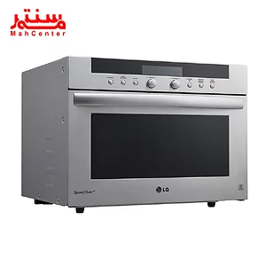 اجاق مایکروویو ال‌جی سولاردوم نقره‌ای با درب باز.